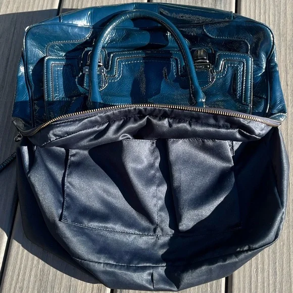 Coach; Navy Blue Patent Leather; Medium; Push Lock; Poppy Satchel; Minor Wear - Picture 8 of 16